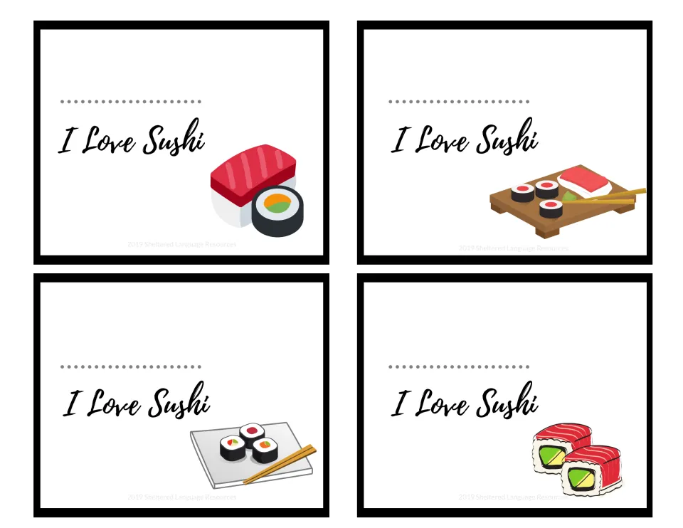 Four color I Love Sushi note cards with a dotted name line and art of sushi rolls, nigiri and chopsticks on trays