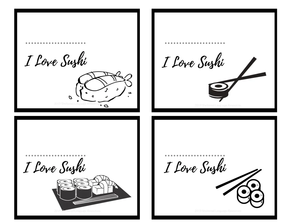 Four black-and-white I Love Sushi note cards, each with a dotted name line and line art of rolls, shrimp nigiri, chopsticks