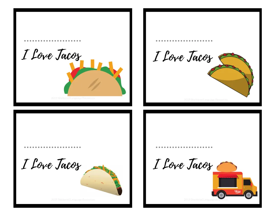 Four color I Love Tacos note cards with a dotted name line and taco art, including a taco food truck
