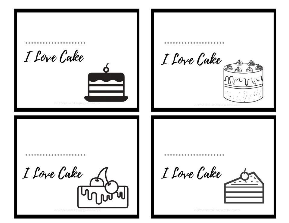 Four black-and-white I Love Cake note cards with a dotted name line and line art of layer cakes, a slice and cherries