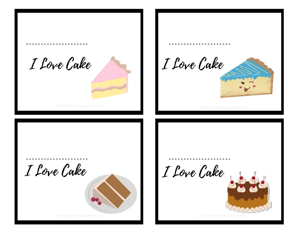 Four color I Love Cake note cards with a dotted name line and art of a pink slice, a smiling slice and a cherry-topped cake