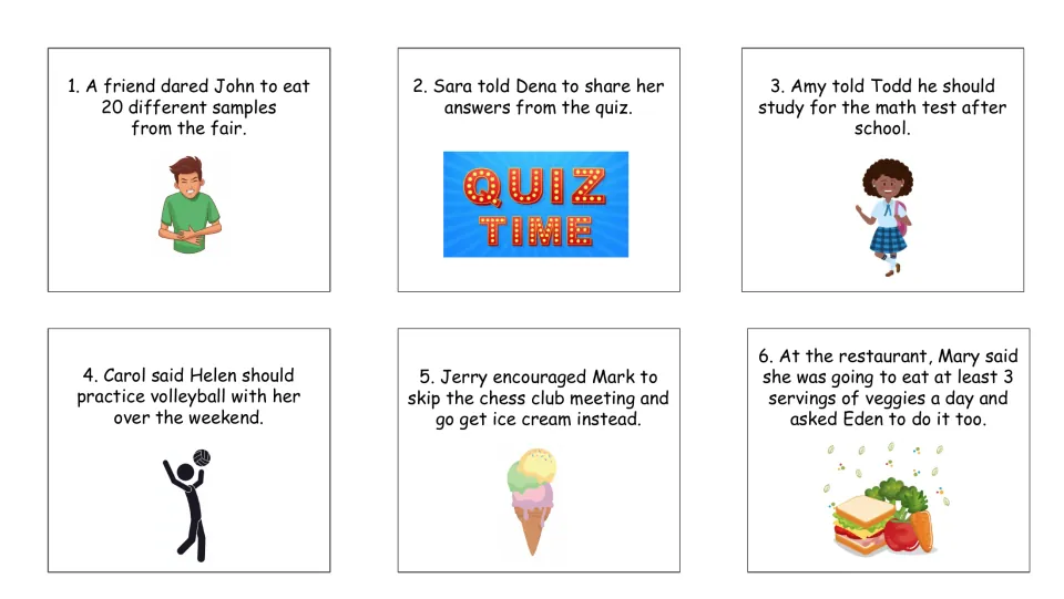 Picture task cards 1-6: peer pressure scenarios such as sharing quiz answers or skipping chess club for ice cream