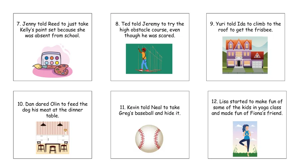Picture task cards 7-12: scenarios like taking a classmate's paint set, climbing to the roof or hiding a baseball
