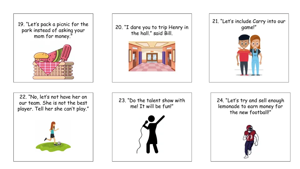 Picture task cards 19-24: quotes about packing a picnic, tripping Henry, including Carry and selling lemonade