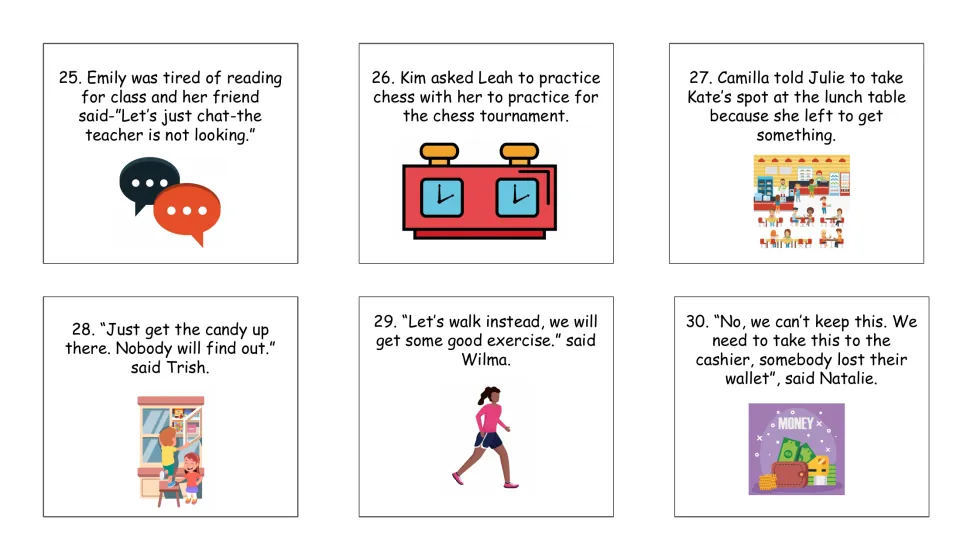 Picture task cards 25-30: chatting instead of reading, chess practice, taking candy and returning a lost wallet
