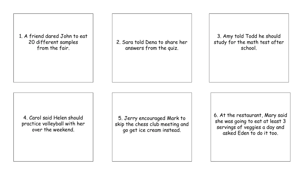 Text-only task cards 1-6 without pictures: daring John to eat fair samples, Amy urging Todd to study for math