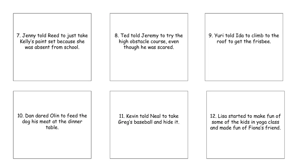 Text-only task cards 7-12: feeding the dog meat at dinner, hiding Greg's baseball, making fun of kids in yoga class