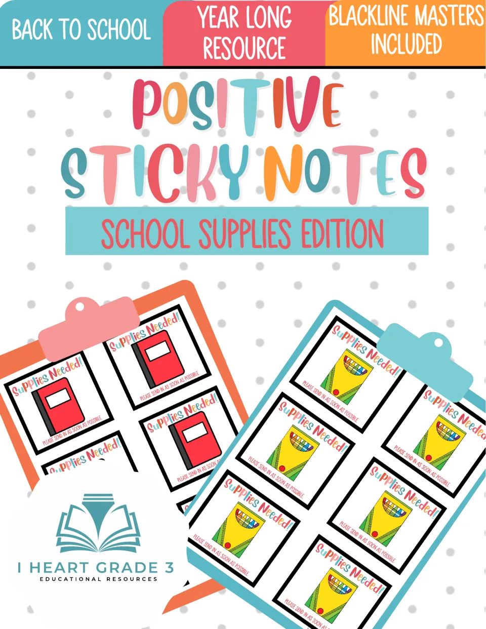 Positive Sticky Notes: School Supplies Edition cover showing printed notebook and crayon notes on two clipboards