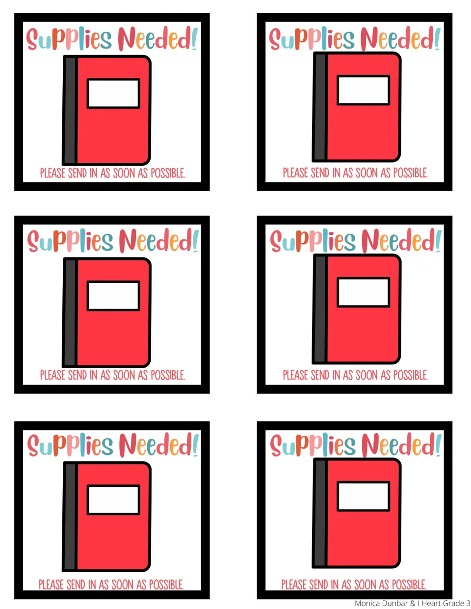Notebook reminder: six Supplies Needed! notes each picturing a red composition notebook and asking to send it in soon