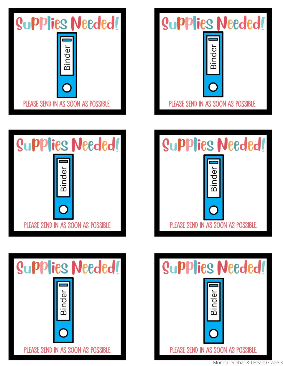 Binder reminder: six Supplies Needed! sticky notes, each showing a blue binder labeled Binder and a send-in request