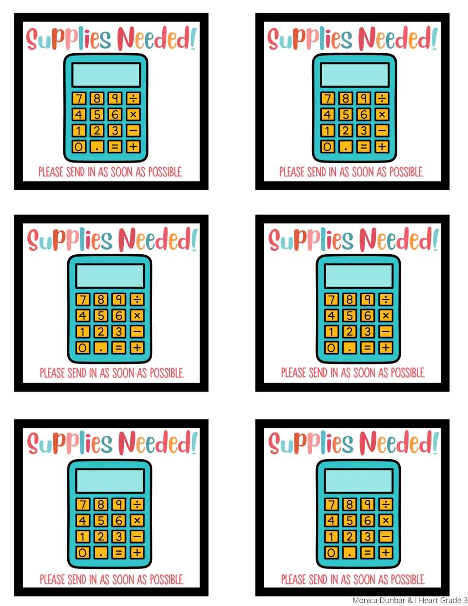 Calculator reminder: six Supplies Needed! notes, each with a teal calculator picture and a please-send-in-soon line