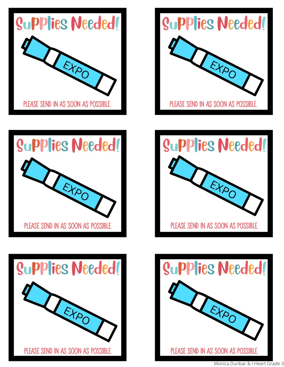 Dry-erase marker reminder: six Supplies Needed! notes, each showing a blue Expo marker and a request to send one in