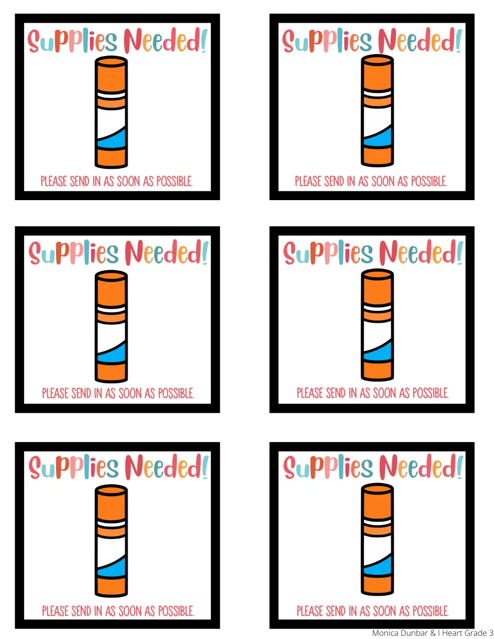 Glue stick reminder: six Supplies Needed! sticky notes, each with an orange glue stick picture and a send-in request