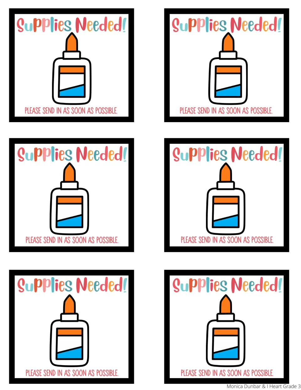 Liquid glue reminder: six Supplies Needed! notes, each picturing a white school glue bottle with an orange cap