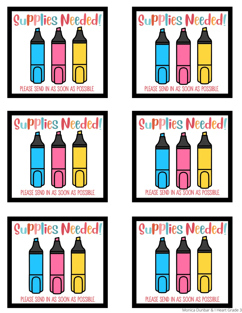 Highlighter reminder: six Supplies Needed! notes, each showing blue, pink and yellow highlighters and a send-in line