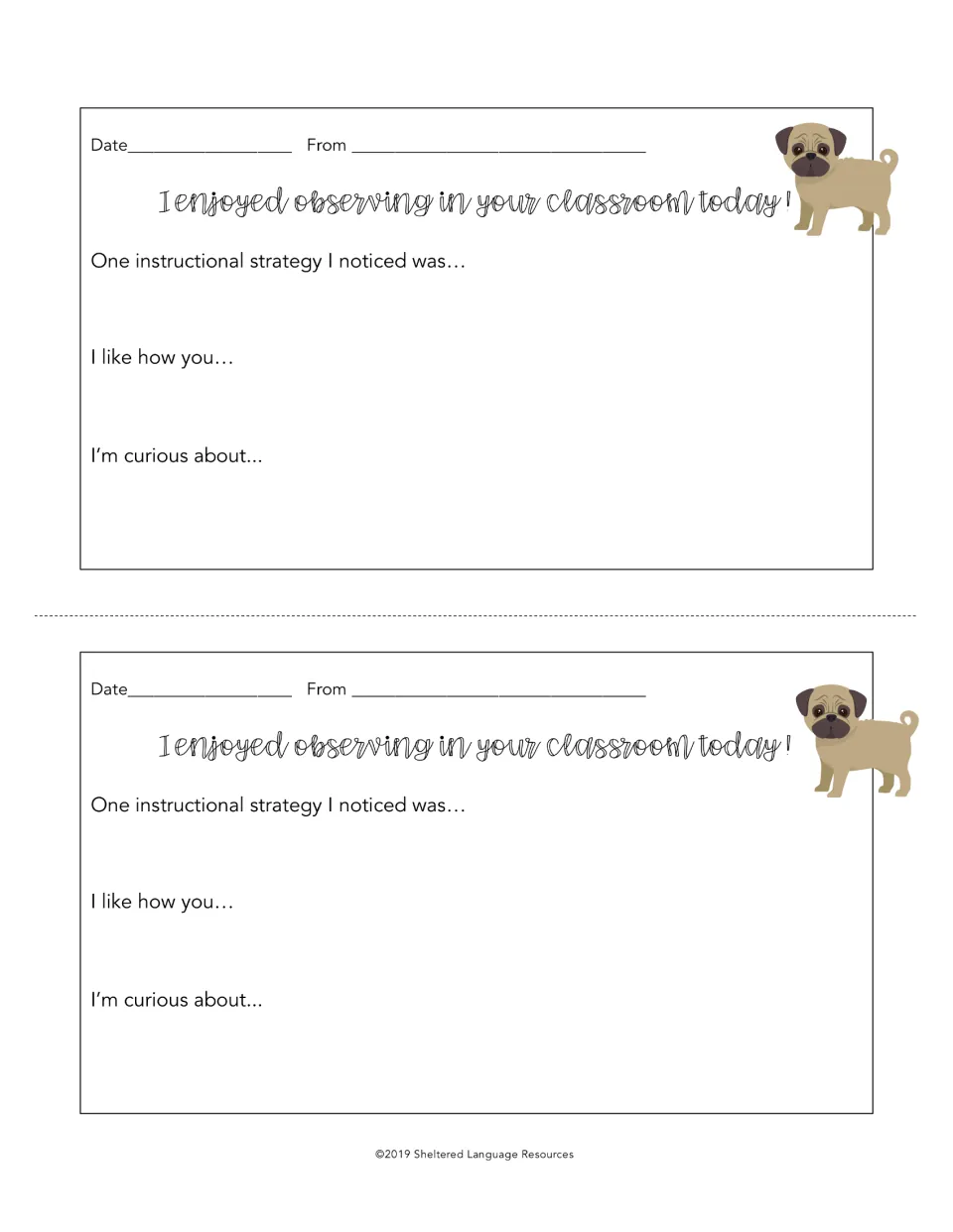 Pug observation note: 'I enjoyed observing in your classroom today!' with prompts for a strategy, praise and a question