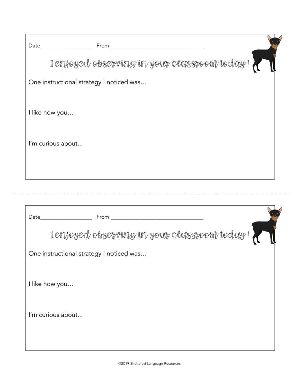 Small black and tan dog on two observation notes asking the visitor for a strategy noticed, a compliment and a wondering