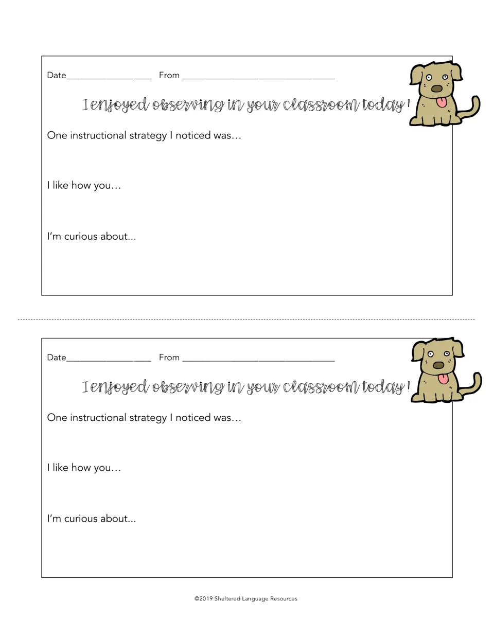 Cartoon puppy with tongue out on two observation notes: date, from, strategy noticed, I like how you, I'm curious