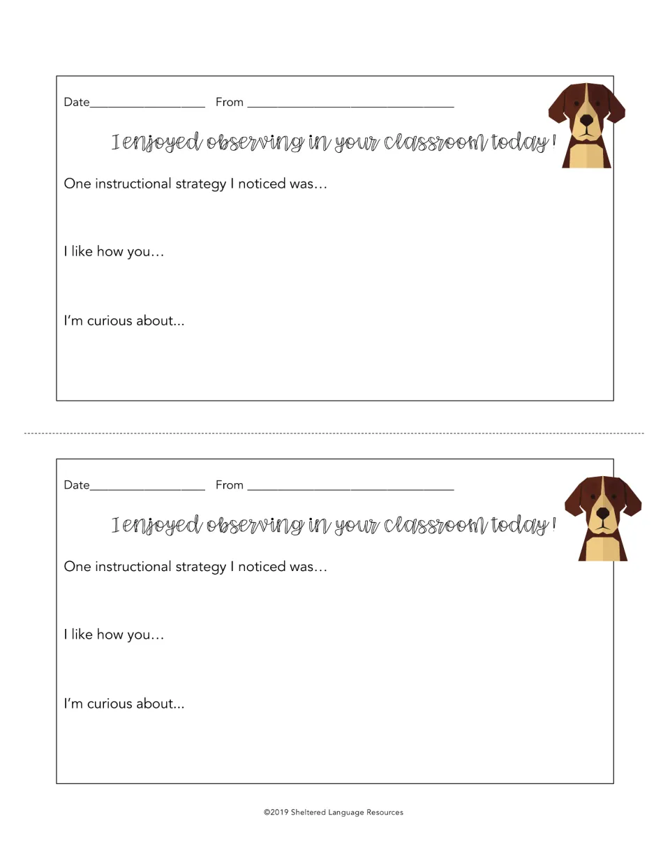 Brown and tan geometric dog on two classroom visit notes for writing a strategy observed, praise and a follow-up question