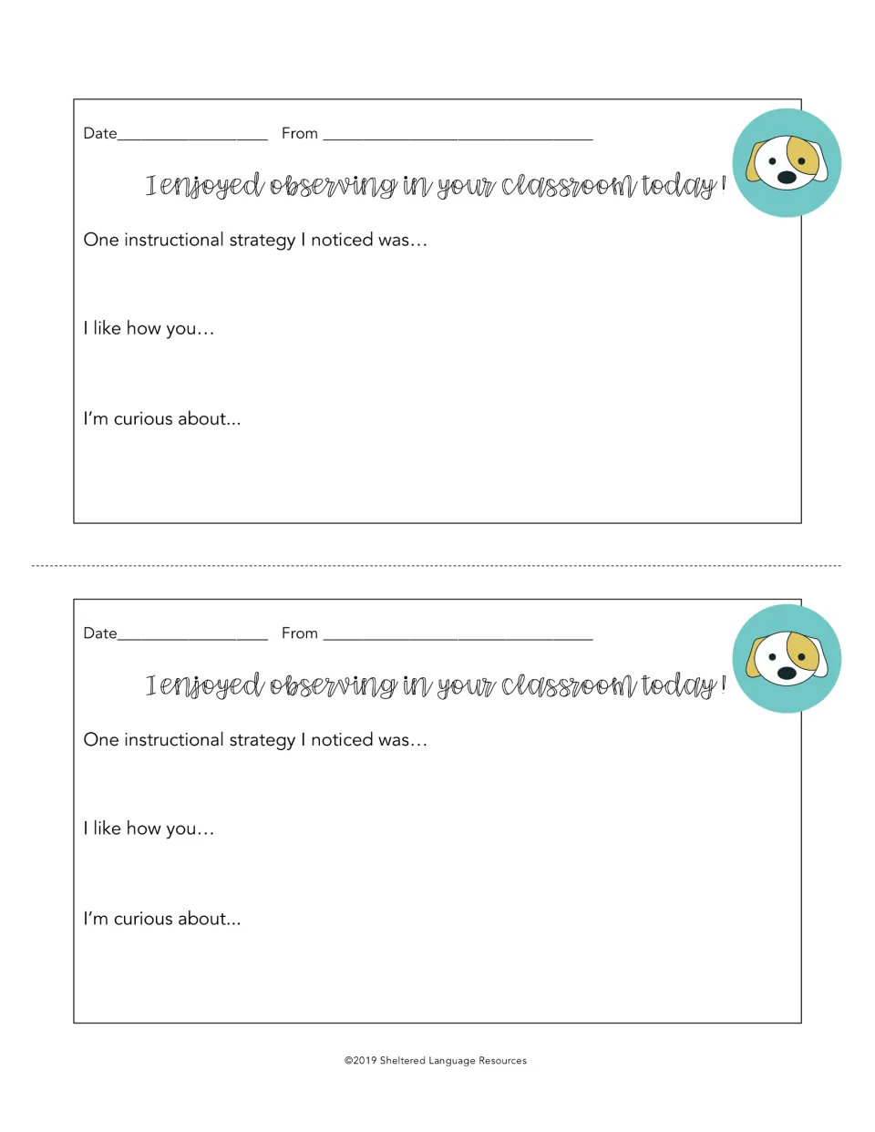Spotted puppy face in a teal circle on two notes inviting a strategy noticed, an 'I like how you' remark and a question