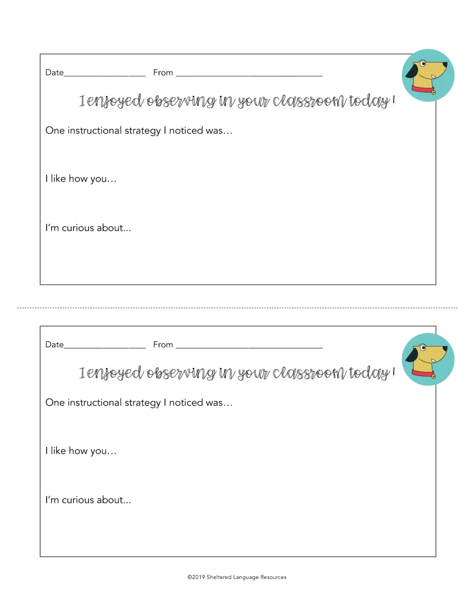 Yellow dog with red collar in a teal circle on two visit notes: date, strategy noticed, I like how you, I'm curious