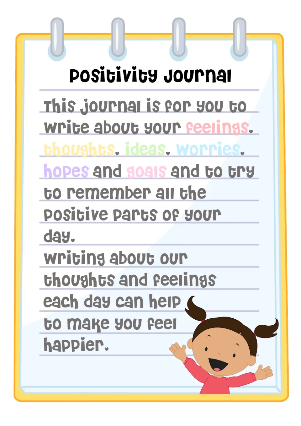 Journal introduction invites writing about feelings, thoughts, ideas, worries, hopes, goals, and positive moments