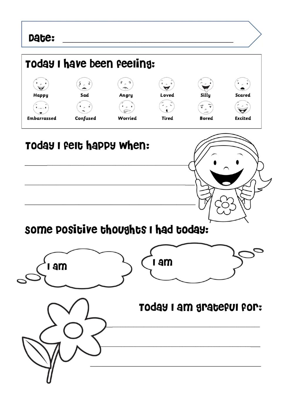 Daily journal entry 1 includes 12 emotions and prompts about happy moments, 'I am' thoughts, and gratitude