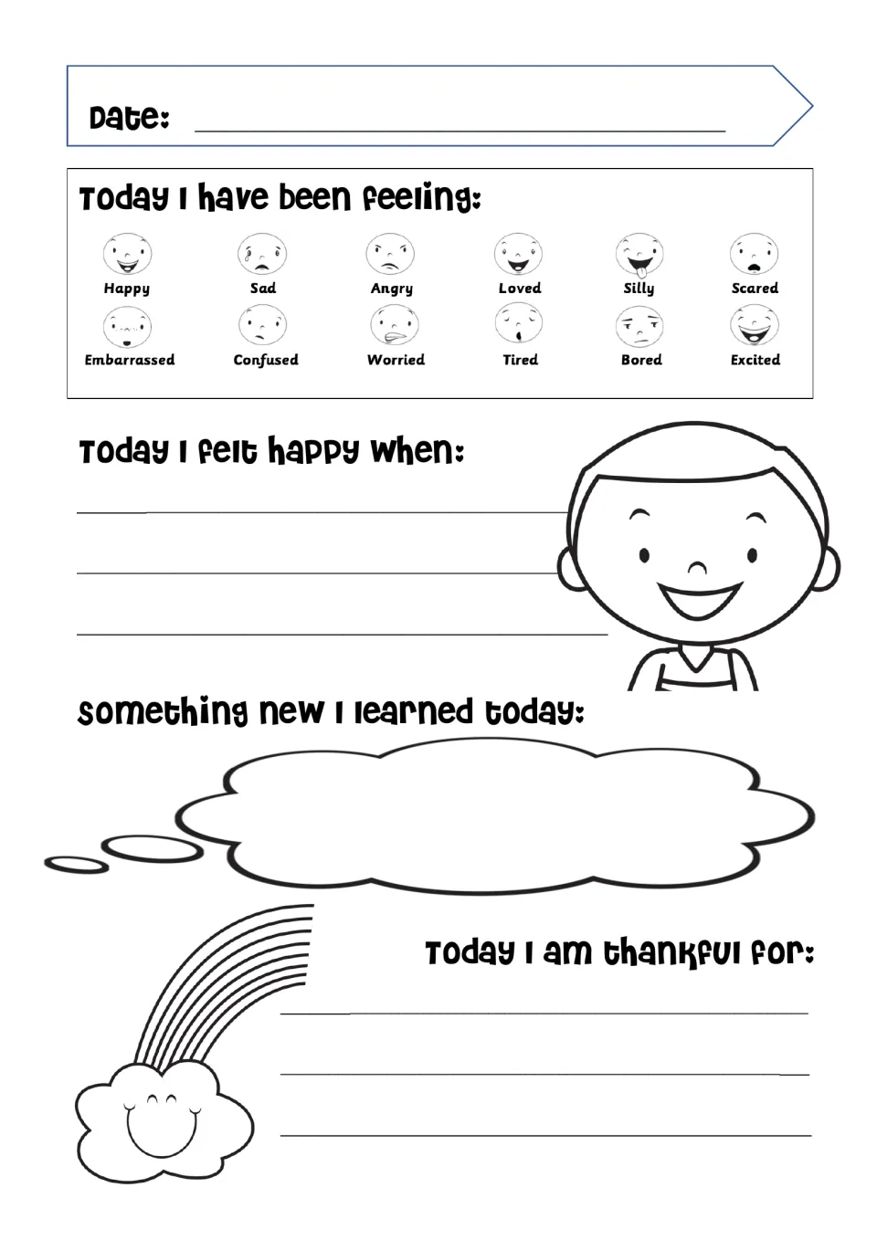 Daily journal entry 4 includes 12 emotions and prompts about a happy moment, new learning, and thankfulness