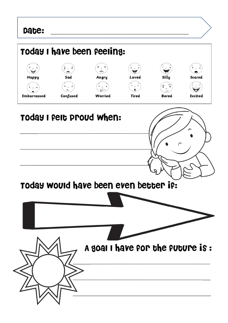 Daily journal entry 6 includes 12 emotions and prompts about feeling proud, improving the day, and a future goal