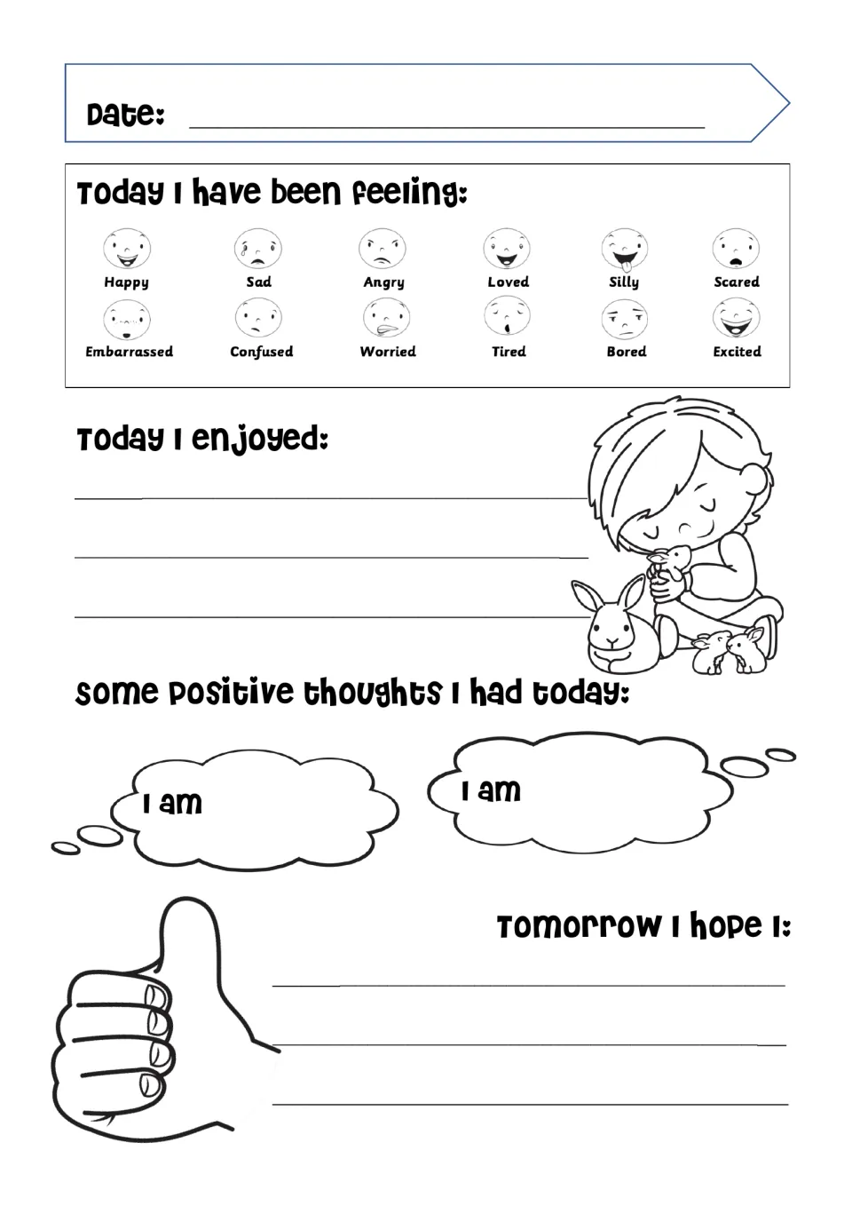 Daily journal entry 7 includes 12 emotions and prompts about enjoyment, 'I am' thoughts, and hopes for tomorrow