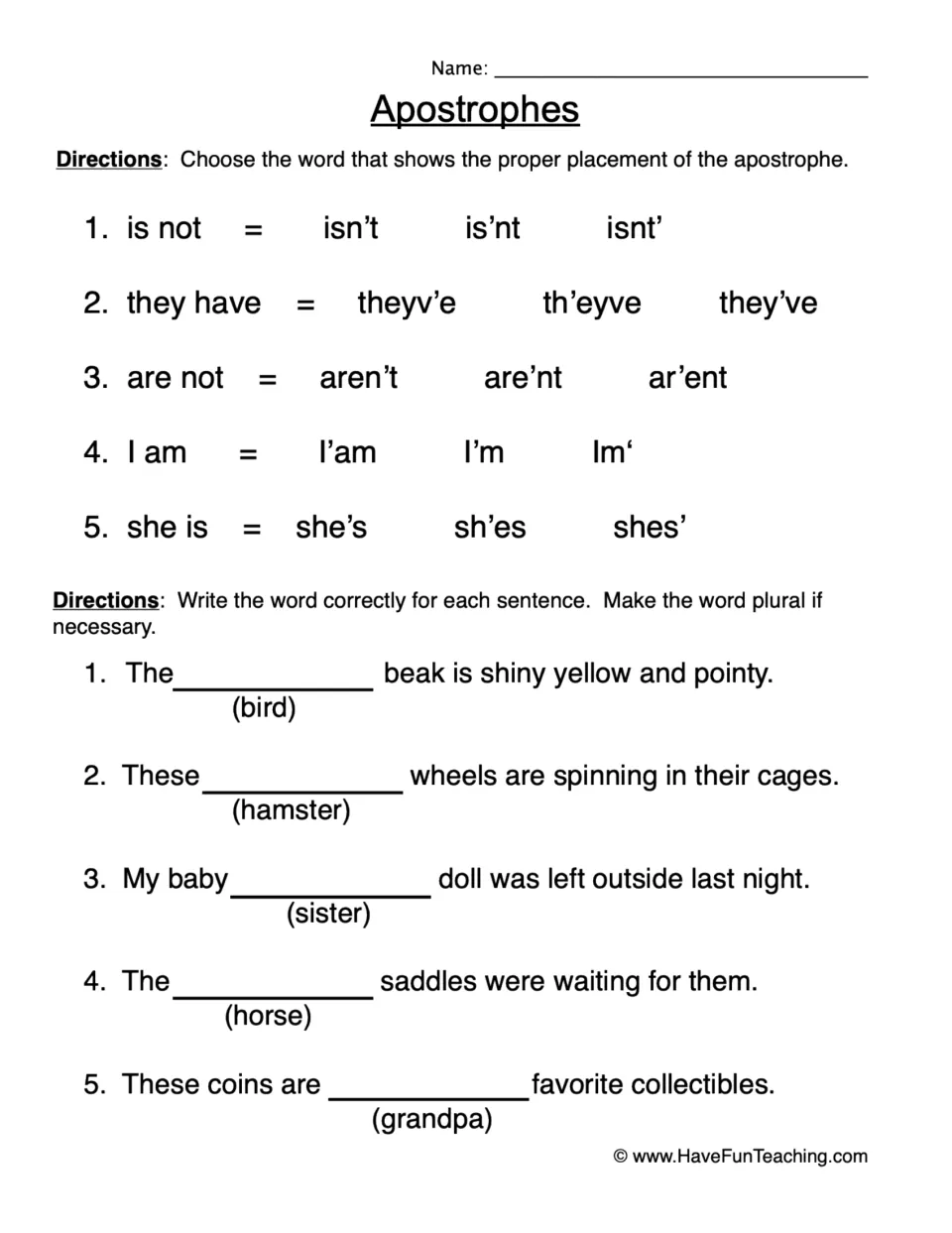 Apostrophes: students choose the correct contraction for 5 word pairs, then write possessive nouns in 5 sentences