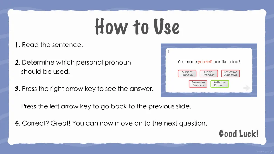 Quiz instructions: read each sentence, identify the personal pronoun type, and use arrow keys to check answers