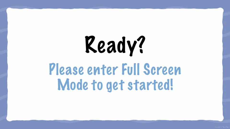 Personal pronouns quiz startup slide: 'Ready?' followed by 'Please enter Full Screen Mode to get started!'