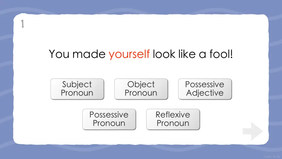 Quiz question 1: 'You made yourself look like a fool!' asks students to classify the highlighted 'yourself'