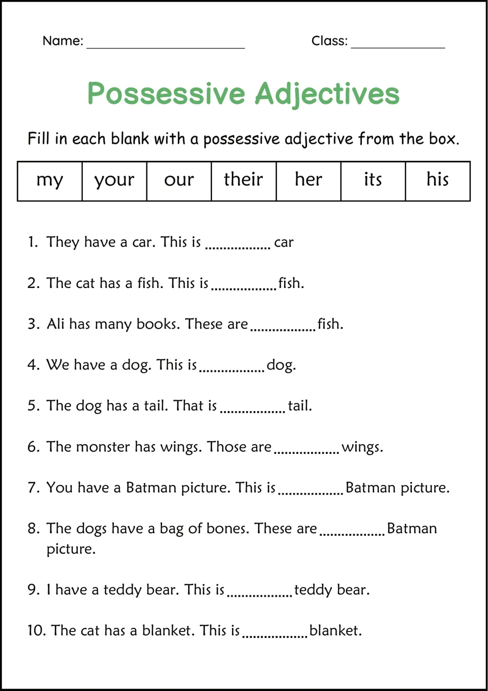 Possessive adjectives: students fill 10 blanks with my, your, our, their, her, its or his, as in They have a car
