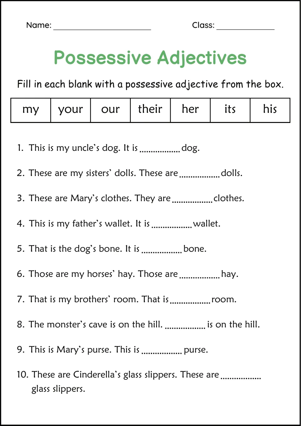 Possessive nouns to adjectives: students rewrite uncle's, Mary's, sisters' and more as his, her or their in 10 blanks