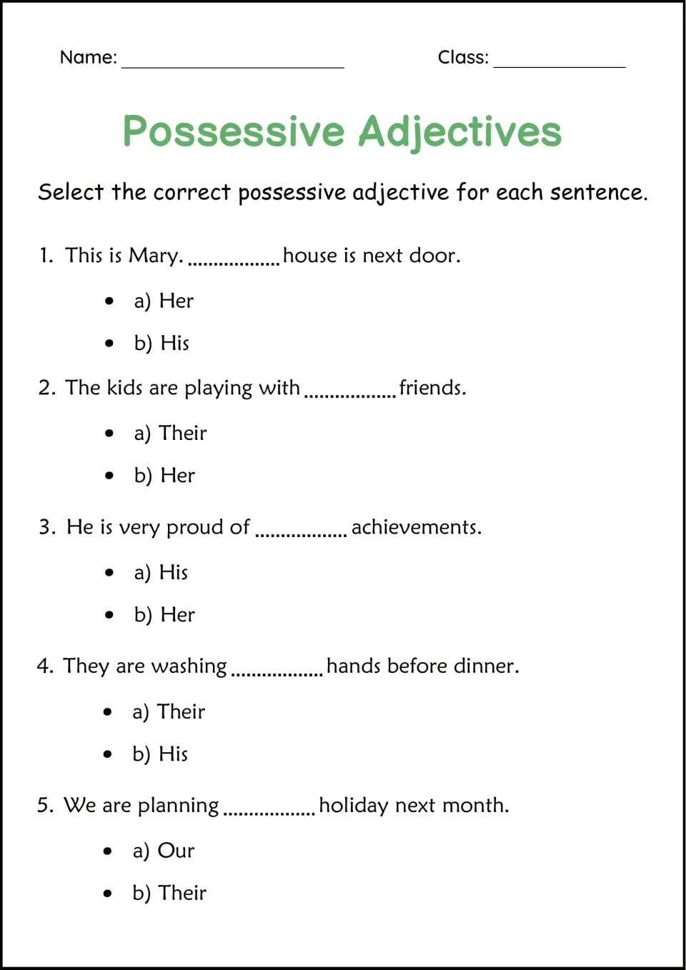 Choosing possessive adjectives: students select Her or His, Their or Her and more in 5 sentences, like This is Mary