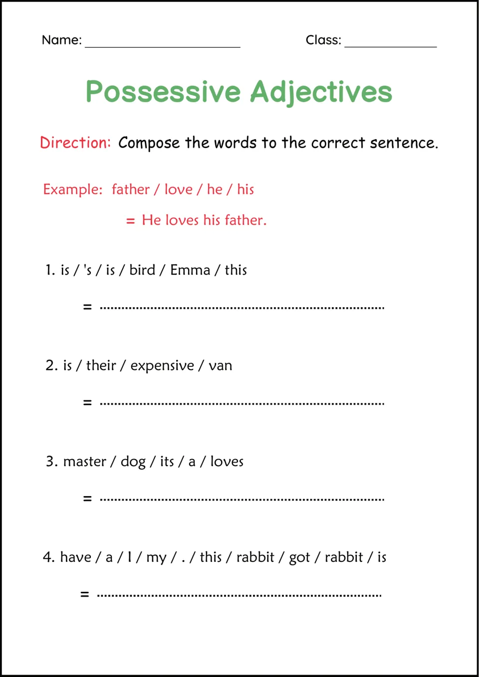 Word-order practice: students unscramble 4 sets, like is / their / expensive / van, into sentences with possessives