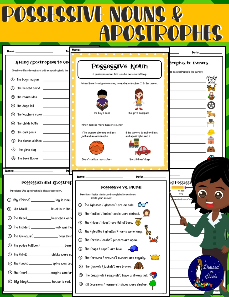 Possessive Nouns & Apostrophes cover showing the rules page, apostrophe rewrite sheets and a possessive vs. plural sheet