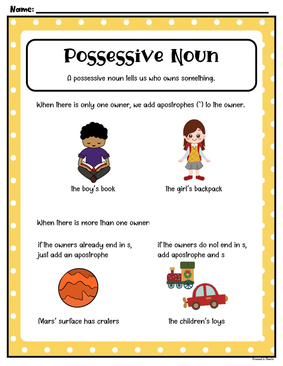 Possessive noun rules: one owner adds 's (the boy's book); plural owners ending in s add ' (Mars' surface), others add 's