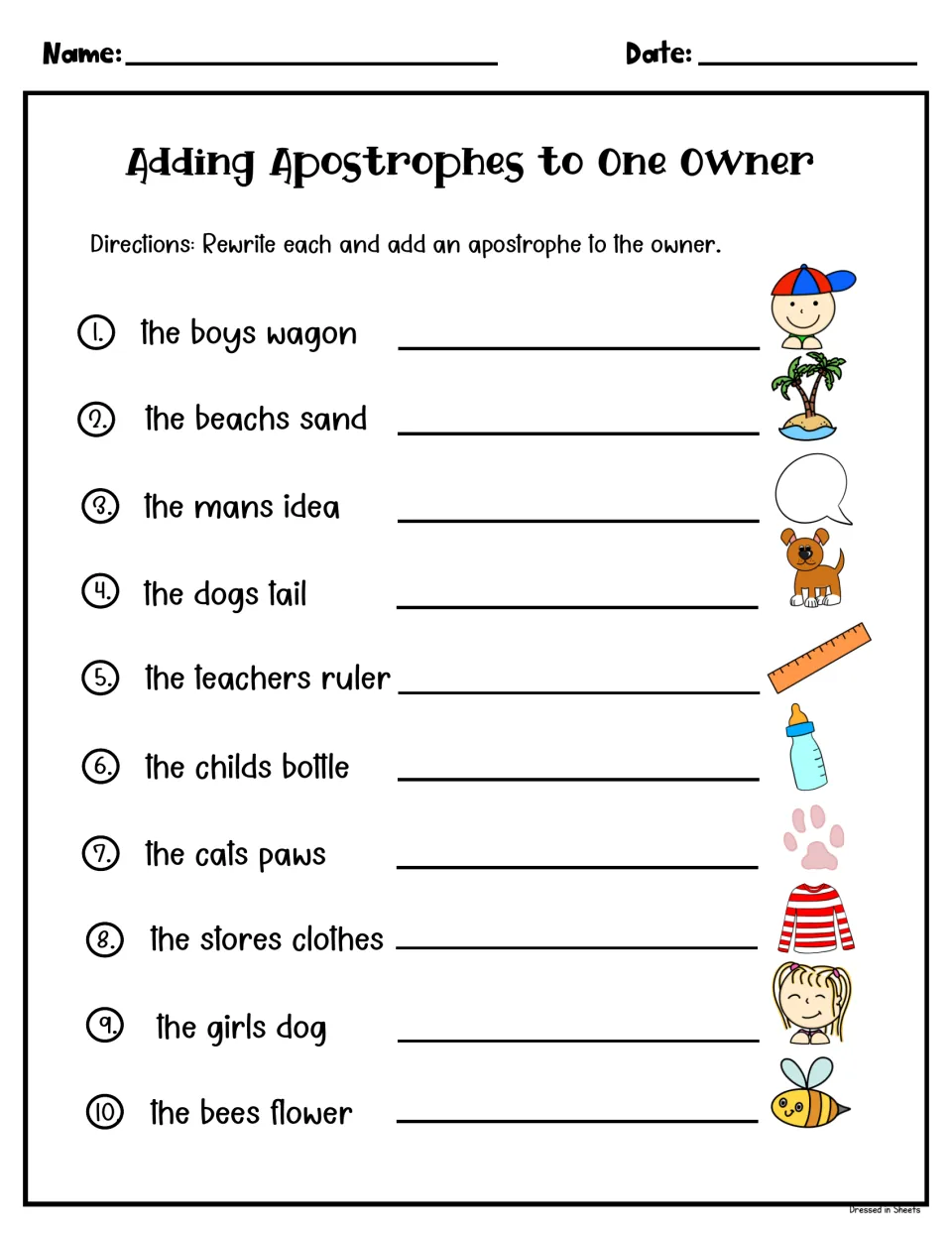 Singular possessives: students rewrite 10 phrases like the boys wagon and the childs bottle with an apostrophe