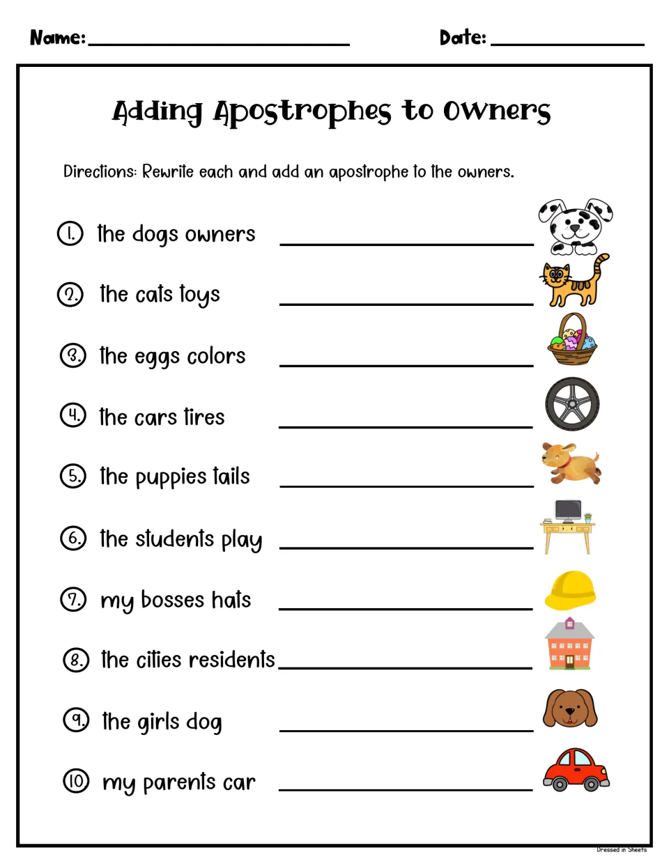 Plural possessives: students rewrite 10 phrases like the puppies tails and my parents car, adding an apostrophe