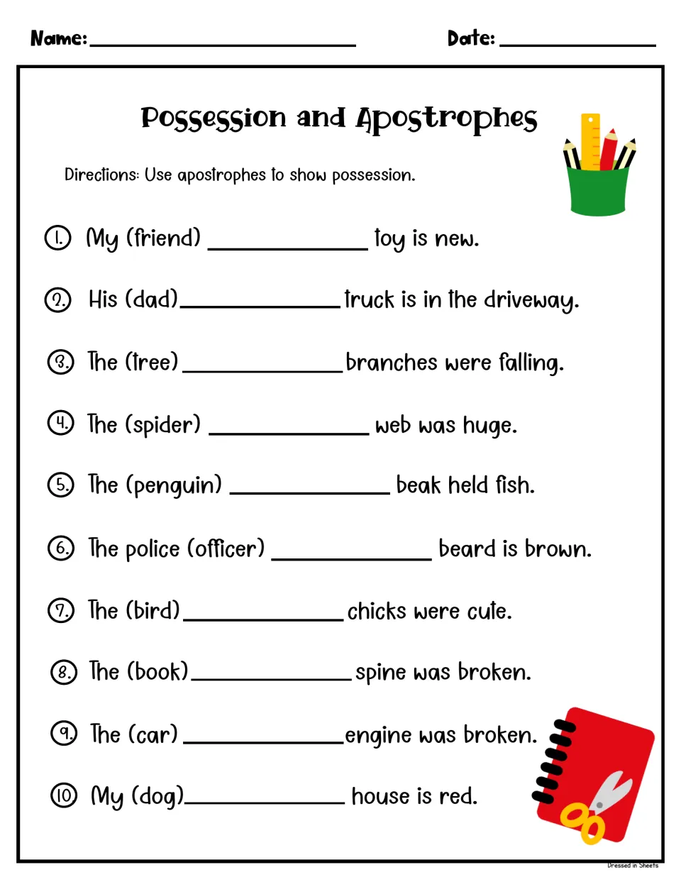 Possession and apostrophes: students write the possessive of the word in parentheses to complete 10 sentences