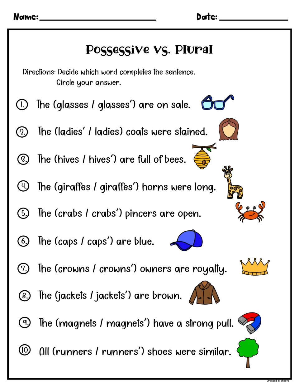 Possessive vs. plural: students circle the correct word in 10 sentences, such as The (crabs / crabs') pincers are open