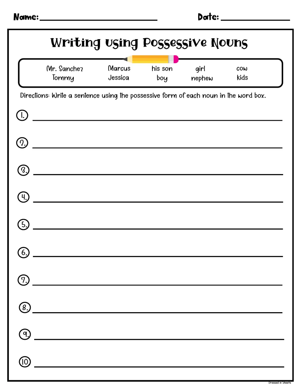 Writing with possessive nouns: students write 10 sentences using possessive forms of word-box nouns like Tommy and kids