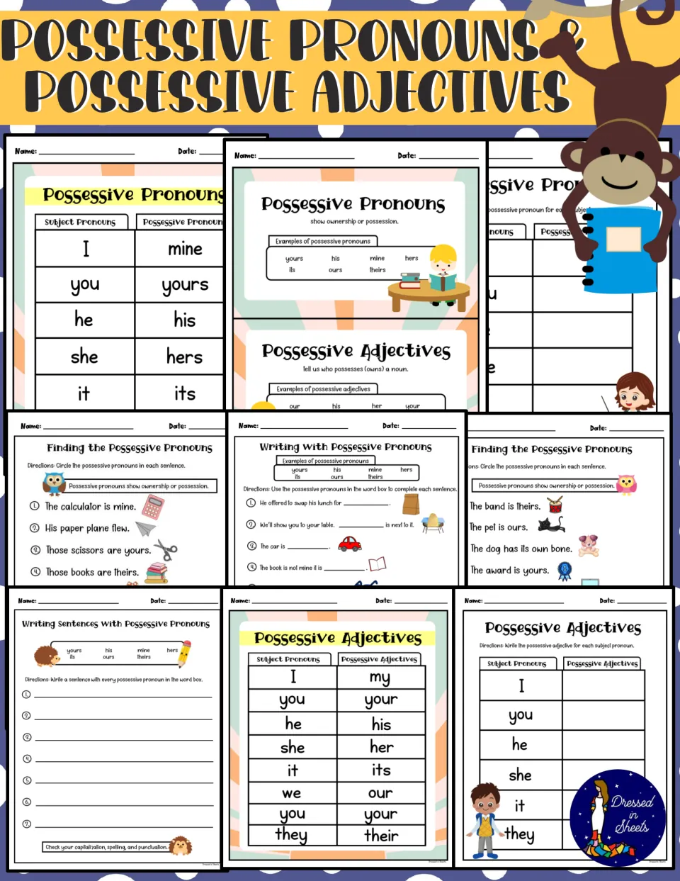 Possessive Pronouns & Possessive Adjectives cover showing pronoun charts, circle-the-pronoun and sentence-writing pages