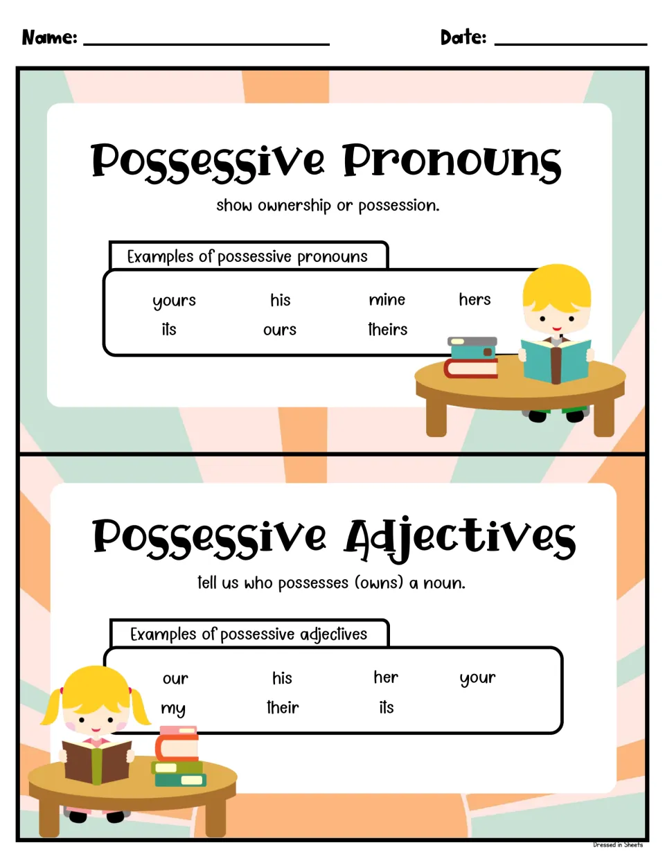 Possessive pronouns (show ownership) and possessive adjectives (tell who owns a noun) defined, with example word lists