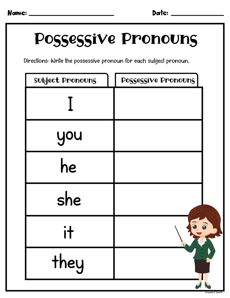 Possessive pronouns practice: students write the possessive form beside each subject pronoun I, you, he, she, it and they