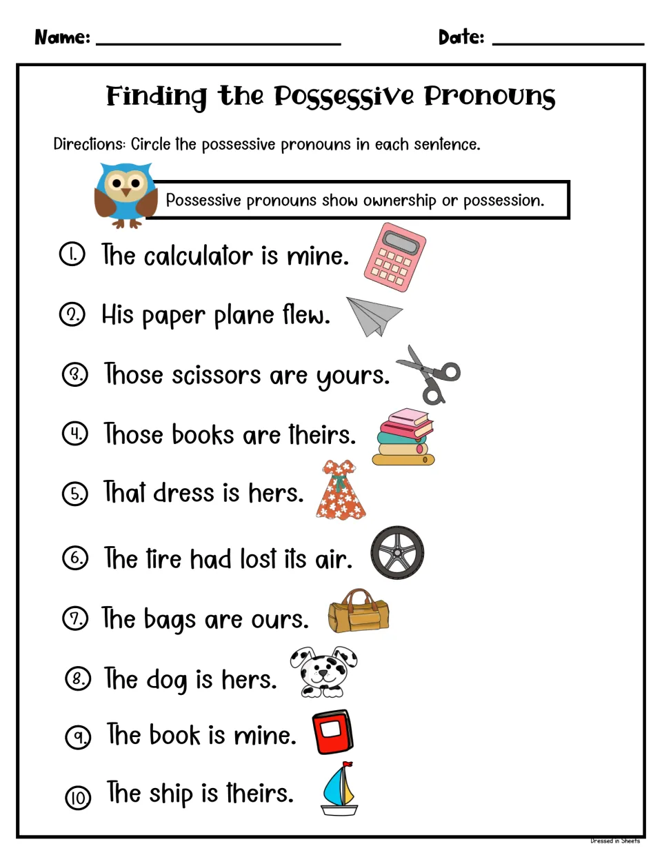 Finding possessive pronouns: students circle the pronoun in 10 sentences, such as The calculator is mine