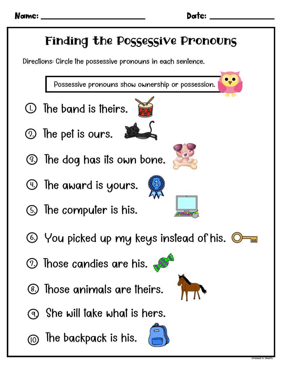 Finding possessive pronouns, set 2: students circle them in 10 sentences from The band is theirs to The backpack is his
